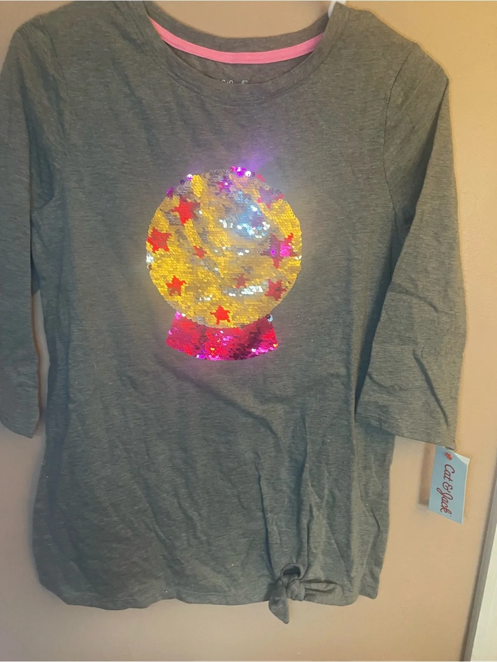 Girls Cat & Jack Gray Sequin Crystal Ball Long Sleeve Tie Front Top XL NWT
